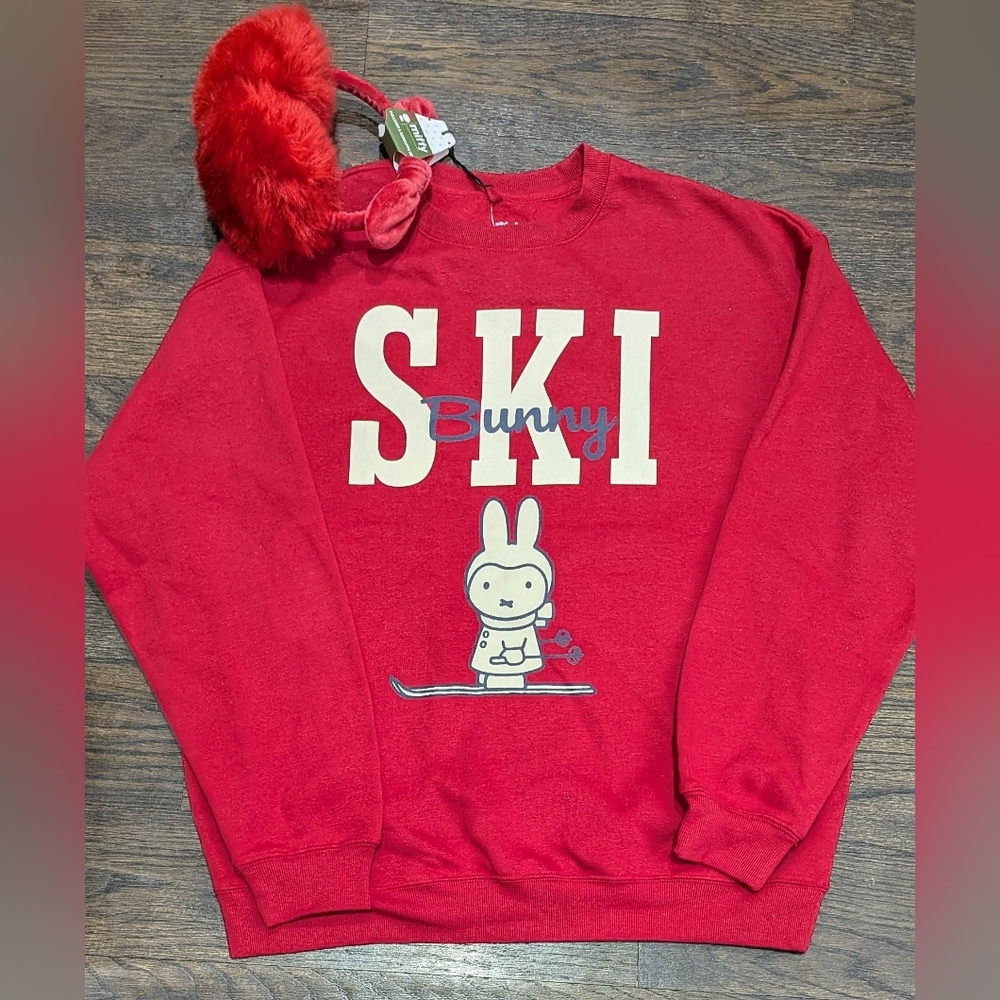 New Miffy Red Ski Bunny Rabbit Sweatshirt and Earmuffs Set MEDIUM